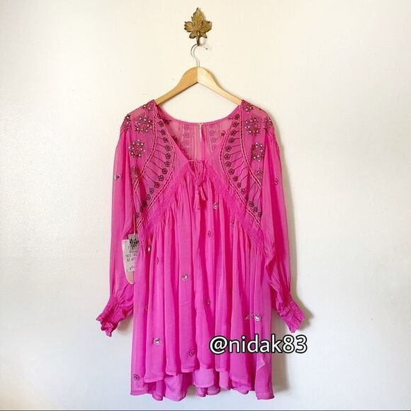 Free People Neon Moon Pink Embellished Babydoll Mini Dress NWT Boho SMALL - Picture 1 of 10